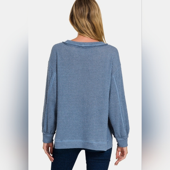 Zenana Exposed Seam Side Slit Long Sleeve Top - Picture 2 of 4